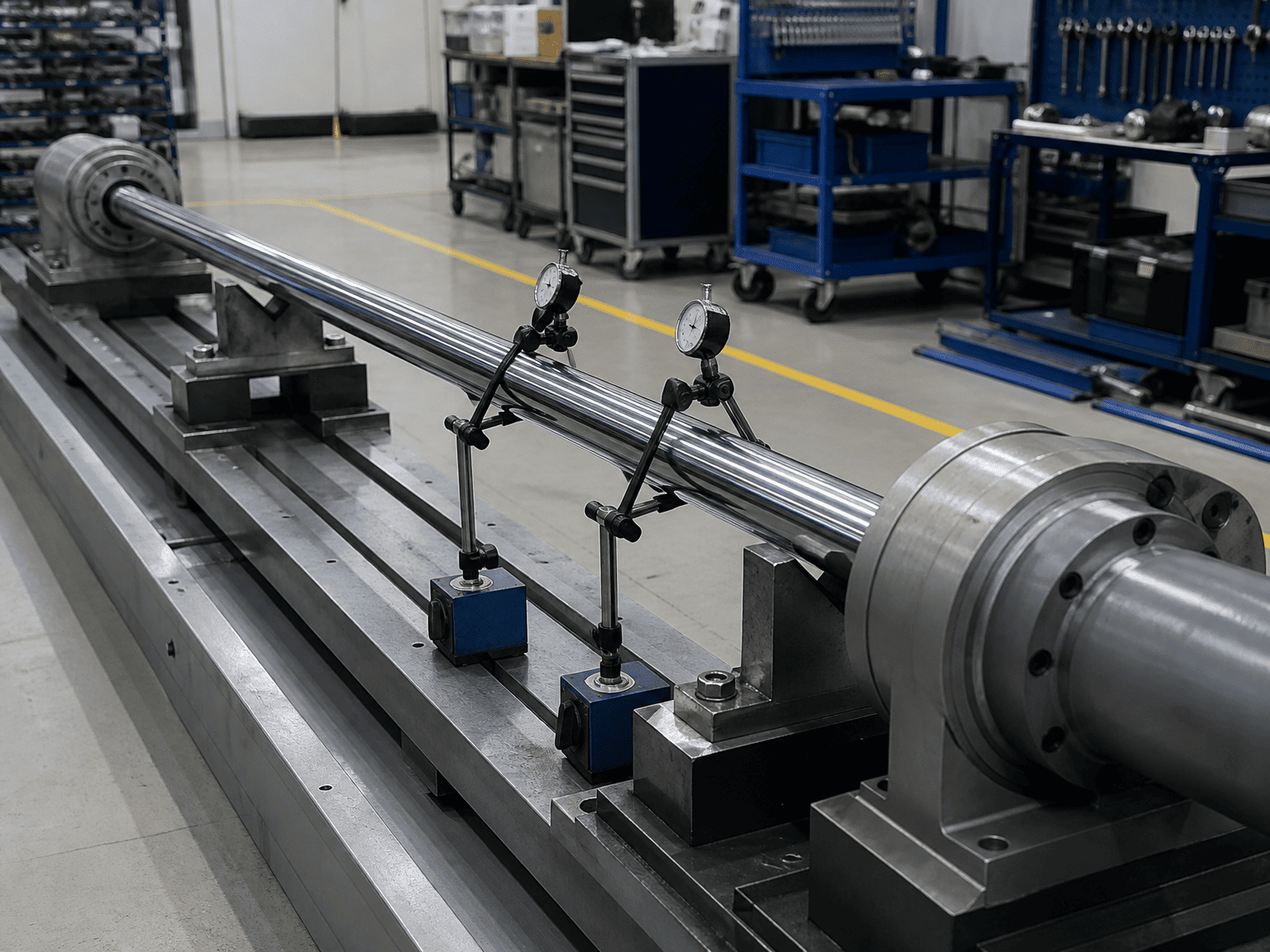 long stroke hydraulic cylinder piston rod straightness and column deflection dial indicator test
