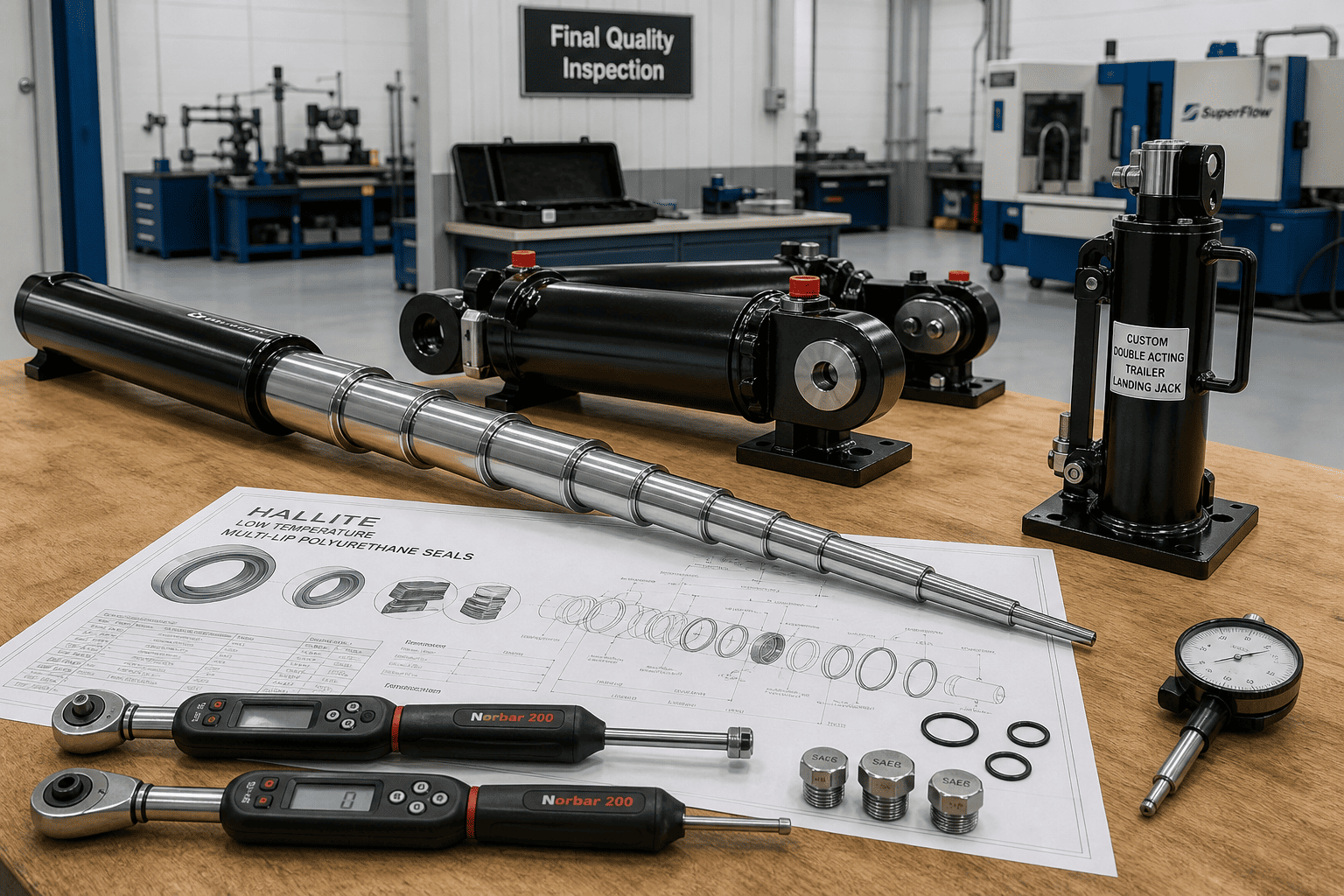 Custom OEM hydraulic cylinders staging bay with multi-stage telescopic cylinder and Hallite sealing packages